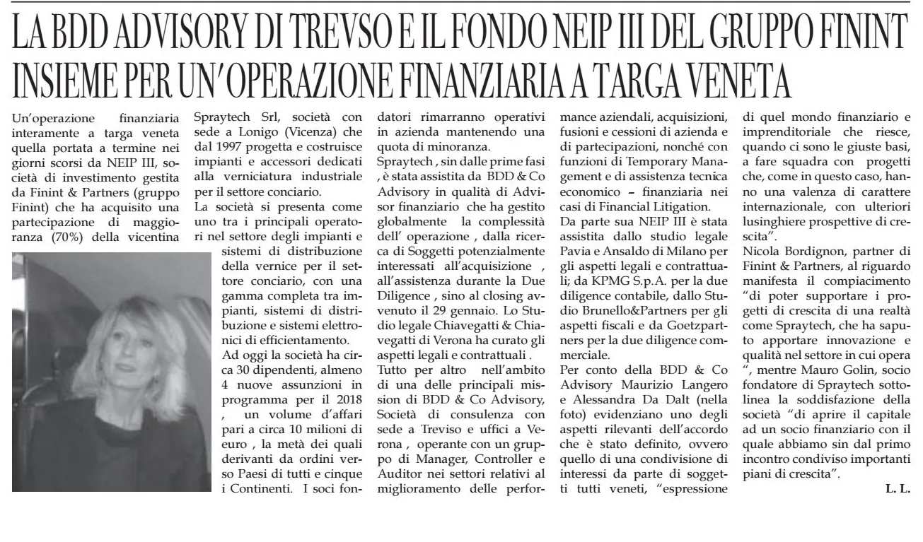 BDD & Co. Advisory al fianco di Spraytech nel passaggio a NEIP II