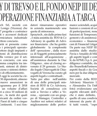BDD & Co. Advisory al fianco di Spraytech nel passaggio a NEIP II