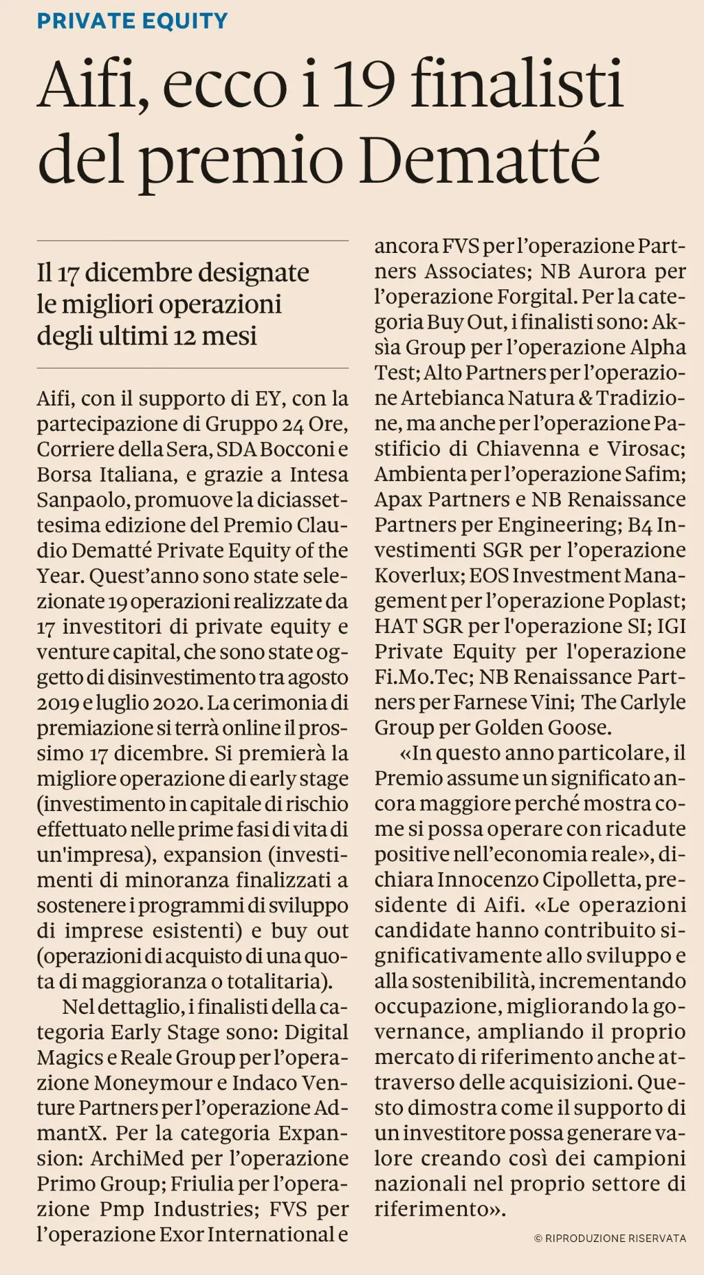 Premio Demattè, i finalisti 