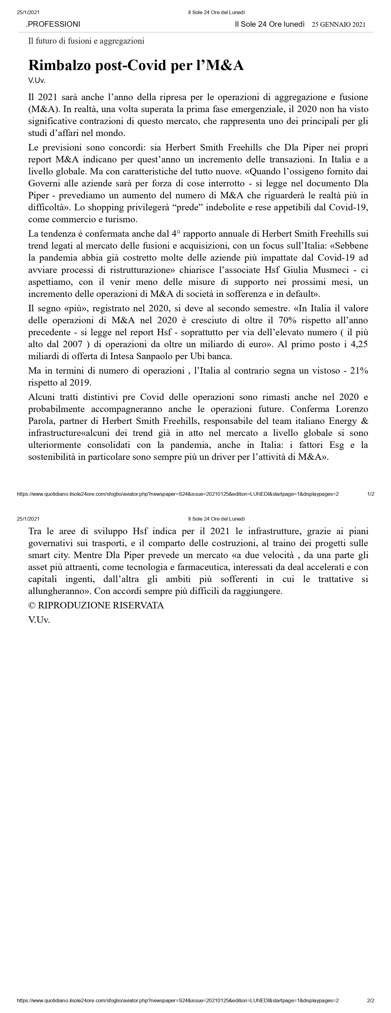 Rimbalzo Post Covid per l'M&A