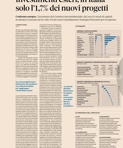 Investimenti esteri: Italia meno attrattiva, scarseggiano i nuovi progetti 